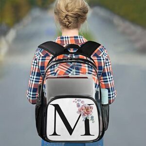 Heavy Duty Clear Backpack Stadium Approved, Alphabet Monogram Floral M Letter PVC Transparent Backpack See Through Large Bookbag for Work School Travel College