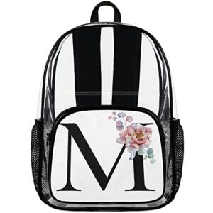 Heavy Duty Clear Backpack Stadium Approved, Alphabet Monogram Floral M Letter PVC Transparent Backpack See Through Large Bookbag for Work School Travel College