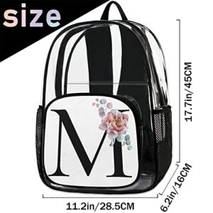 Heavy Duty Clear Backpack Stadium Approved, Alphabet Monogram Floral M Letter PVC Transparent Backpack See Through Large Bookbag for Work School Travel College