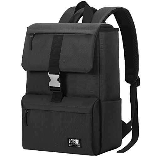 ECHSRT Laptop Backpack Water Resistant Casual Weekend Daypack, College School Wide Open Bag Fits 15.6 Inch Computer & Tablet, Bookbag for Women Men, Black