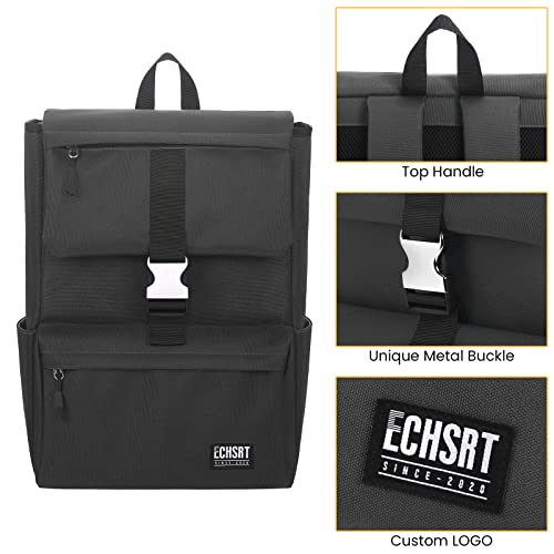 ECHSRT Laptop Backpack Water Resistant Casual Weekend Daypack, College School Wide Open Bag Fits 15.6 Inch Computer & Tablet, Bookbag for Women Men, Black