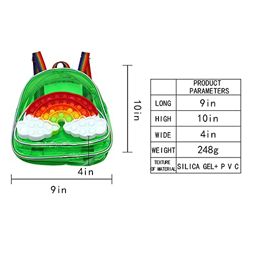 Domingbub Fidget Clear Backpack, Pop-On-It Small Backpack with Rainbow Clouds, Girls Fidget Backpack for School Travel (Green, Transparent)