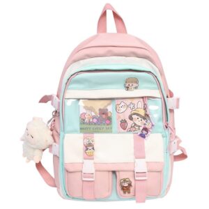 kowvowz lovely kawaii backpack for teen girls back to school aesthetic student bookbag withi pin & cute accessories (pink)