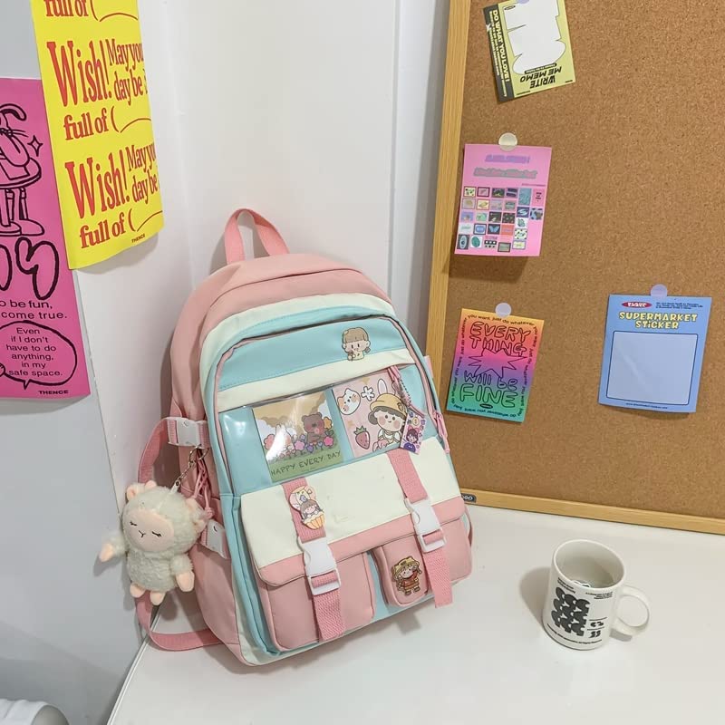 KOWVOWZ Lovely Kawaii Backpack for Teen Girls Back to School Aesthetic Student Bookbag withi Pin & Cute Accessories (Pink)