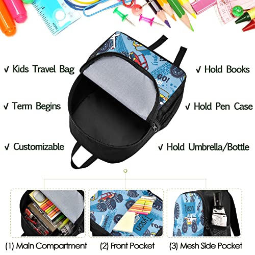 Naanle Custom Kid Backpack with Name Monster Truck Cars Backpacks Boys Girls Baby Rucksack for Preschool Kindergarten