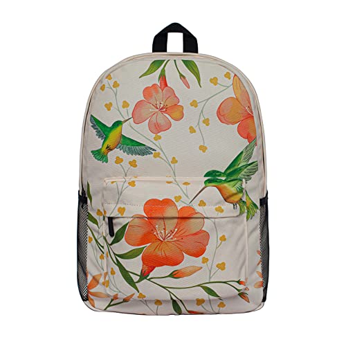 Beige Canvas Backpack For Teen Girls-Hummingbird Backpack Floral Printed Cute Backpack For Girls,Casual Style Lightweight Canvas School Book Bag For Women,Street Skate Backpack