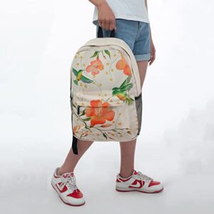 Beige Canvas Backpack For Teen Girls-Hummingbird Backpack Floral Printed Cute Backpack For Girls,Casual Style Lightweight Canvas School Book Bag For Women,Street Skate Backpack