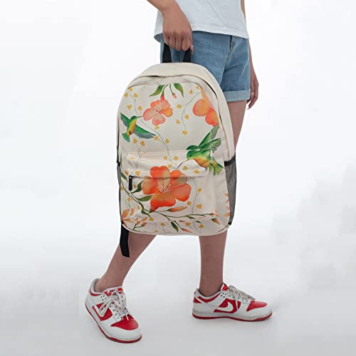 Beige Canvas Backpack For Teen Girls-Hummingbird Backpack Floral Printed Cute Backpack For Girls,Casual Style Lightweight Canvas School Book Bag For Women,Street Skate Backpack