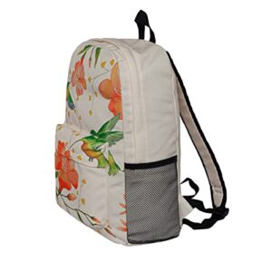 Beige Canvas Backpack For Teen Girls-Hummingbird Backpack Floral Printed Cute Backpack For Girls,Casual Style Lightweight Canvas School Book Bag For Women,Street Skate Backpack