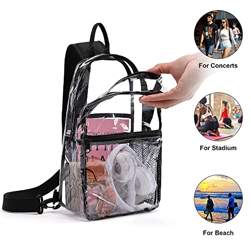 Clear Sling Bag Stadium Approved, Heavy Duty Small Clear Backpack, Clear Crossbody Bag (Black 1)