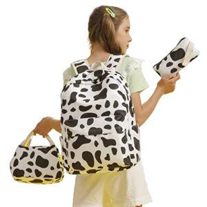 Joyfulife Cow Print Girls Backpack with Lunch Box Kids School Backpack Bookbag Primary Elementary Student Backpack for Girls Set