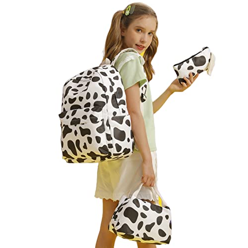 Joyfulife Cow Print Girls Backpack with Lunch Box Kids School Backpack Bookbag Primary Elementary Student Backpack for Girls Set