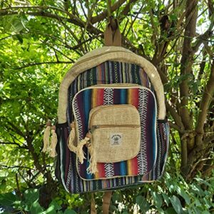 Fwosi Handmade Hippie Backpack - Pure Hemp Bookbag for School, Day Hiking & Travel - Lightweight, Multi-Pocket, 5 Compartments for Books, Purse, Wallet, Everyday Accessories - Crafts from Nepal