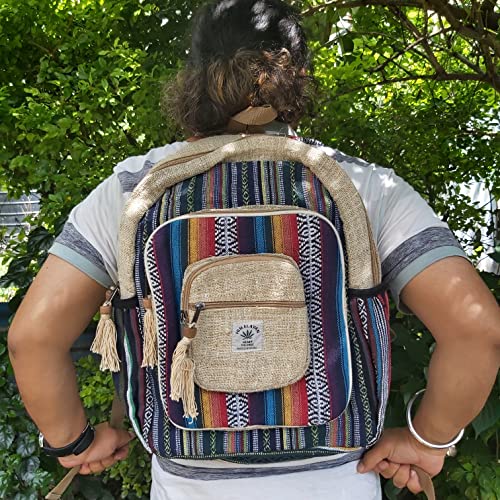 Fwosi Handmade Hippie Backpack - Pure Hemp Bookbag for School, Day Hiking & Travel - Lightweight, Multi-Pocket, 5 Compartments for Books, Purse, Wallet, Everyday Accessories - Crafts from Nepal