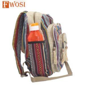 Fwosi Handmade Hippie Backpack - Pure Hemp Bookbag for School, Day Hiking & Travel - Lightweight, Multi-Pocket, 5 Compartments for Books, Purse, Wallet, Everyday Accessories - Crafts from Nepal