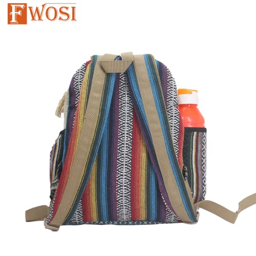 Fwosi Handmade Hippie Backpack - Pure Hemp Bookbag for School, Day Hiking & Travel - Lightweight, Multi-Pocket, 5 Compartments for Books, Purse, Wallet, Everyday Accessories - Crafts from Nepal