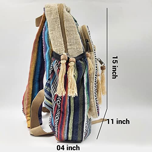 Fwosi Handmade Hippie Backpack - Pure Hemp Bookbag for School, Day Hiking & Travel - Lightweight, Multi-Pocket, 5 Compartments for Books, Purse, Wallet, Everyday Accessories - Crafts from Nepal