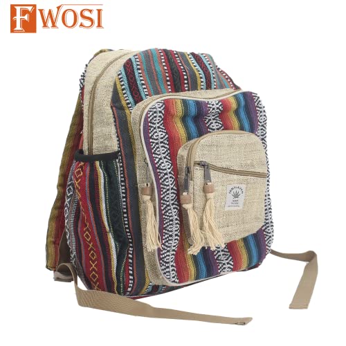 Fwosi Handmade Hippie Backpack - Pure Hemp Bookbag for School, Day Hiking & Travel - Lightweight, Multi-Pocket, 5 Compartments for Books, Purse, Wallet, Everyday Accessories - Crafts from Nepal