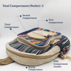 Fwosi Handmade Hippie Backpack - Pure Hemp Bookbag for School, Day Hiking & Travel - Lightweight, Multi-Pocket, 5 Compartments for Books, Purse, Wallet, Everyday Accessories - Crafts from Nepal