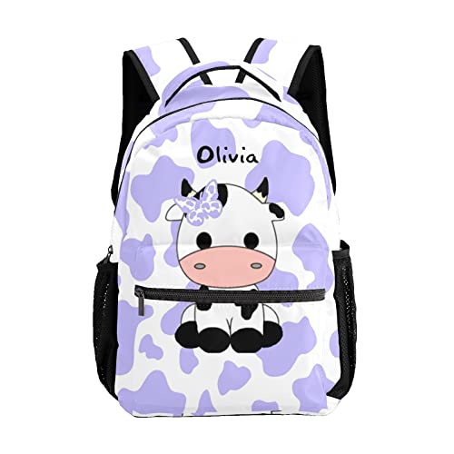 zaaprintblanket Personalized Custom Adorable Little Cow Purple White Print Backpack for Unisex Adult Teens Office Staff Travel Camper