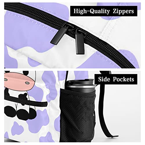 zaaprintblanket Personalized Custom Adorable Little Cow Purple White Print Backpack for Unisex Adult Teens Office Staff Travel Camper