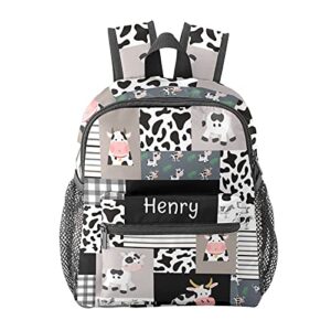 grandkli cow print plaid gray personalized kids toddler backpack for boys girls ,custom mini school backpack bags kindergarten, 10 in(l) x 4 in(w) x 12 in(h)