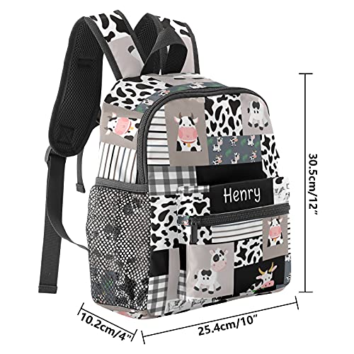 Grandkli Cow Print Plaid Gray Personalized Kids Toddler Backpack for Boys Girls ,Custom Mini School Backpack Bags Kindergarten, 10 in(L) x 4 in(W) x 12 in(H)