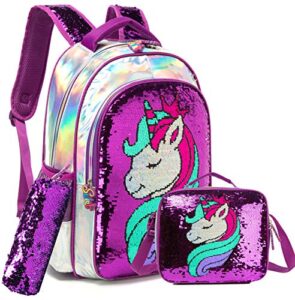 girls unicorn reversible sequin backpack set magic glitter lightweight school bookbag for girls kids bling backpack with lunch box … medium