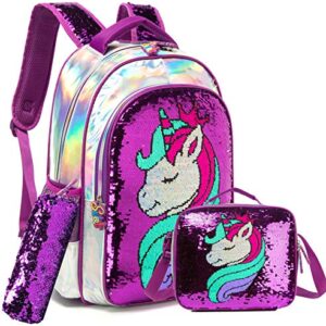 Girls Unicorn Reversible Sequin Backpack Set Magic Glitter Lightweight School Bookbag for Girls Kids Bling Backpack with Lunch Box … Medium