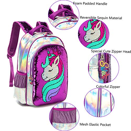 Girls Unicorn Reversible Sequin Backpack Set Magic Glitter Lightweight School Bookbag for Girls Kids Bling Backpack with Lunch Box … Medium