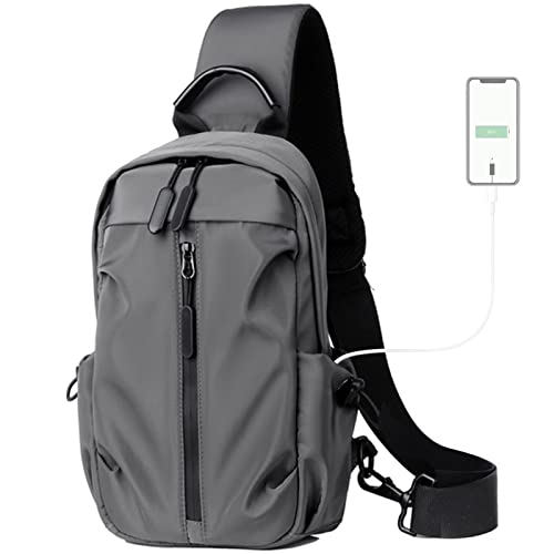 Long Keeper Small Crossbody Sling Shoulder Bag Men Women Waterproof Chest Bag Daypack Cycling Walking with USB Charging (Grey)