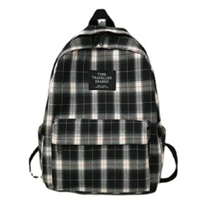 Aesthetic Backpack Checked Backpack Japanese School Bag Backpack for Girls Teens Aesthetic Daypack Preppy School Supplies (Black)