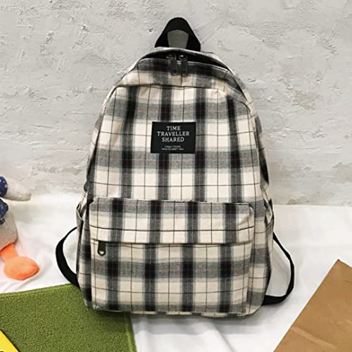 Aesthetic Backpack Checked Backpack Japanese School Bag Backpack for Girls Teens Aesthetic Daypack Preppy School Supplies (Black)