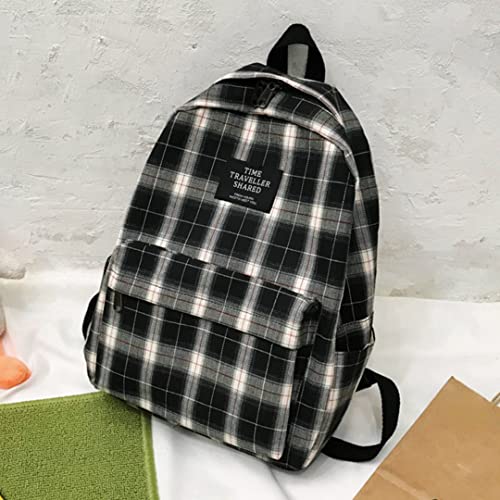 Aesthetic Backpack Checked Backpack Japanese School Bag Backpack for Girls Teens Aesthetic Daypack Preppy School Supplies (Black)