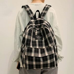 Aesthetic Backpack Checked Backpack Japanese School Bag Backpack for Girls Teens Aesthetic Daypack Preppy School Supplies (Black)