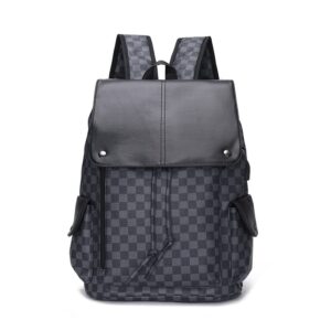 classic pu leather laptop backpack unisex for adult youth travel leisure fashion bag drawstring gray grid backpack (black)