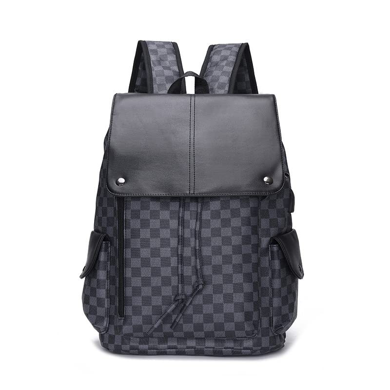 Classic PU Leather Laptop Backpack Unisex For Adult Youth Travel Leisure Fashion Bag Drawstring Gray Grid Backpack (Black)