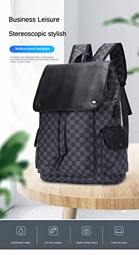 Classic PU Leather Laptop Backpack Unisex For Adult Youth Travel Leisure Fashion Bag Drawstring Gray Grid Backpack (Black)