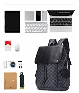 Classic PU Leather Laptop Backpack Unisex For Adult Youth Travel Leisure Fashion Bag Drawstring Gray Grid Backpack (Black)