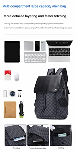 Classic PU Leather Laptop Backpack Unisex For Adult Youth Travel Leisure Fashion Bag Drawstring Gray Grid Backpack (Black)