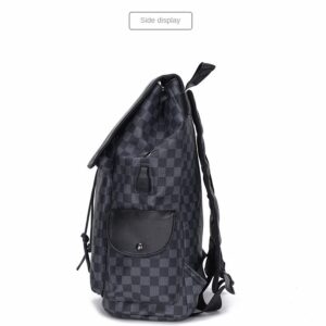 Classic PU Leather Laptop Backpack Unisex For Adult Youth Travel Leisure Fashion Bag Drawstring Gray Grid Backpack (Black)