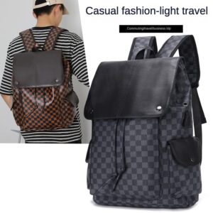 Classic PU Leather Laptop Backpack Unisex For Adult Youth Travel Leisure Fashion Bag Drawstring Gray Grid Backpack (Black)