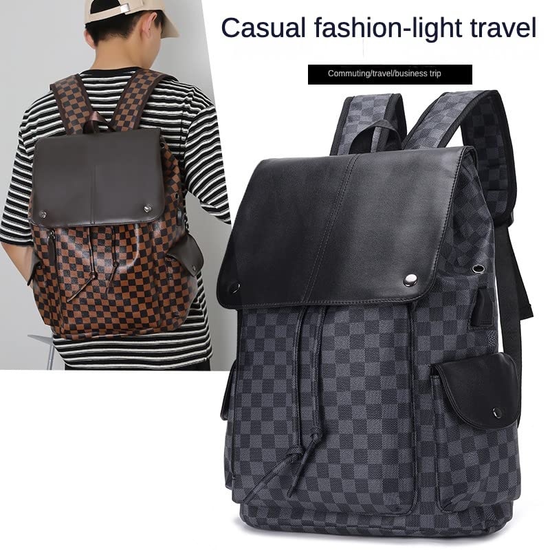 Classic PU Leather Laptop Backpack Unisex For Adult Youth Travel Leisure Fashion Bag Drawstring Gray Grid Backpack (Black)