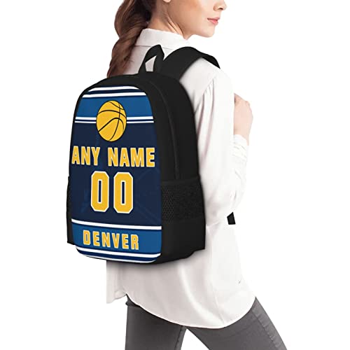 Denver Custom Basketball Style Backpack With Personalized Name Number Teens Girls Boys School Bag Computer Backpacks 17 Inch Large Capacity.