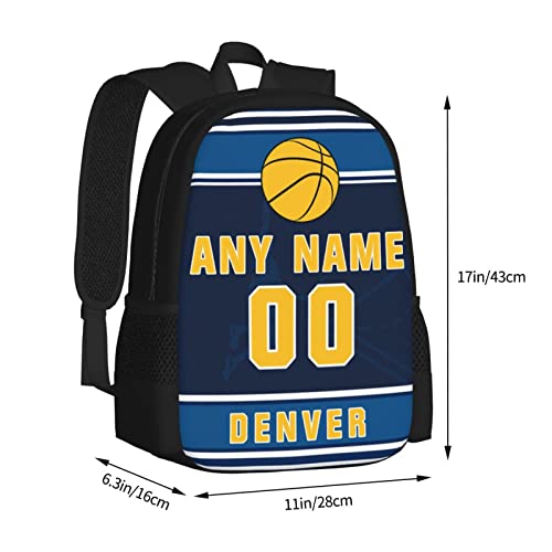 Denver Custom Basketball Style Backpack With Personalized Name Number Teens Girls Boys School Bag Computer Backpacks 17 Inch Large Capacity.