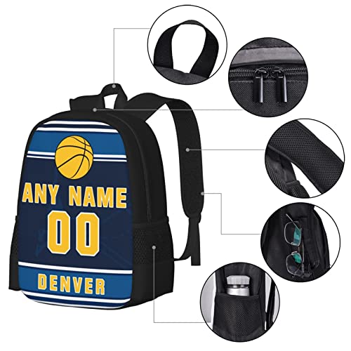 Denver Custom Basketball Style Backpack With Personalized Name Number Teens Girls Boys School Bag Computer Backpacks 17 Inch Large Capacity.