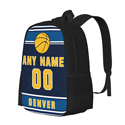 Denver Custom Basketball Style Backpack With Personalized Name Number Teens Girls Boys School Bag Computer Backpacks 17 Inch Large Capacity.