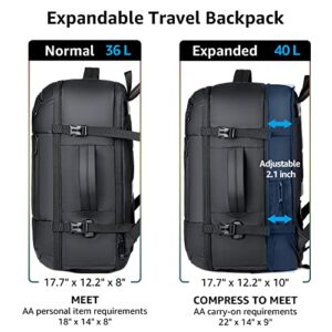 Refutuna Carry On Backpak, 40L Flight Approved Luggage Backpack for Men Women, Expandable Water Resistant Travel Backpack Fits 17.3 Inch Laptop(Black)