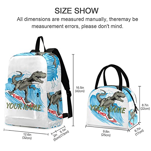 MCHIVER Dinosaur Surfer Personalized School Backpack with Lunch Box Custom Backpack for Boys Girls Casual Bookbags Set for Camping Travel Work