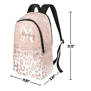 Liveweike Rose Gold Glitter Leopard Personalized Casual Backpack,Custom College School Bag with Name Travel Laptop 17 Inch For Girl